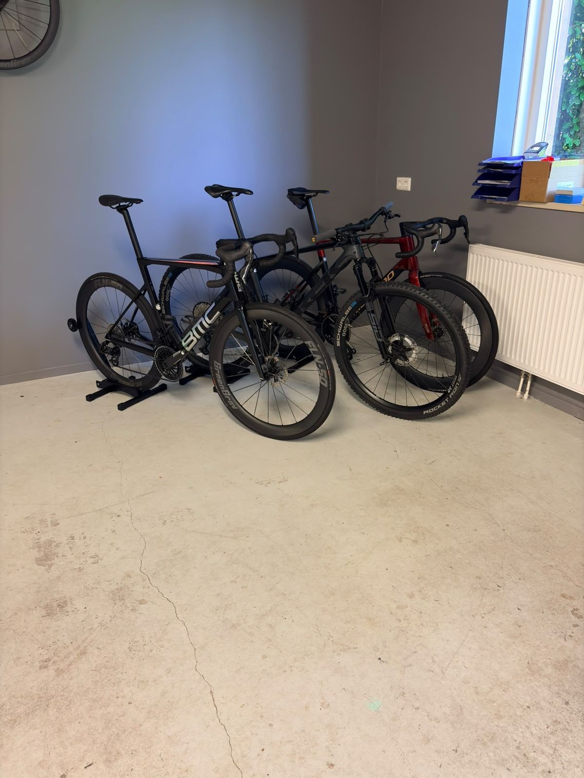 Werkplaats Van Steensel Wielersport — racefietsen en een mountainbike in fietsstandaards